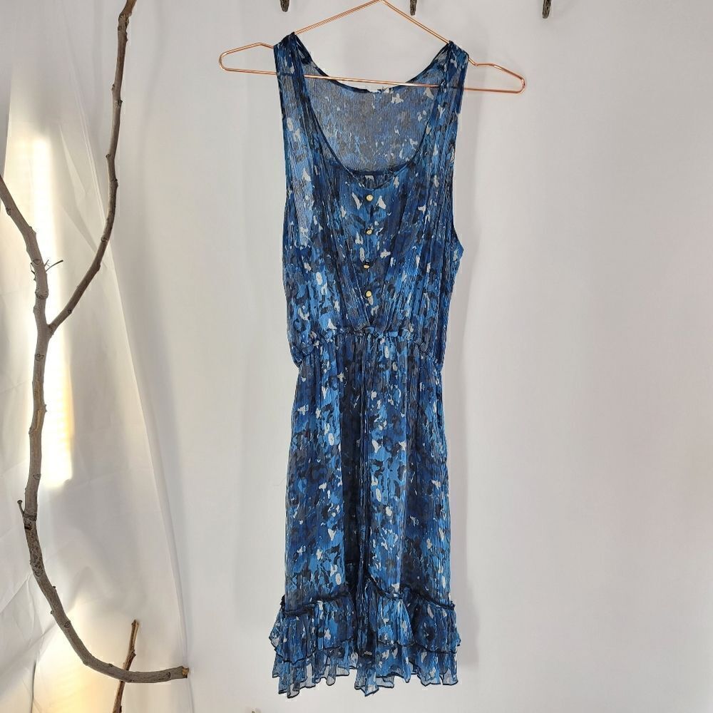 Moda international silk button front floral dress blue